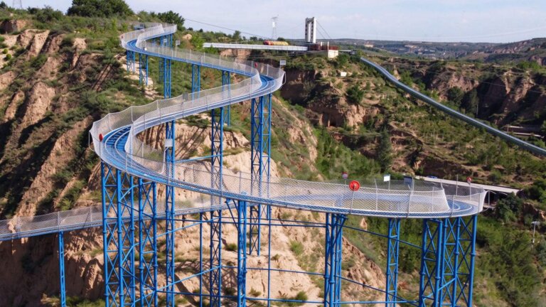 Stainless steel rail slide track on a mountain slope